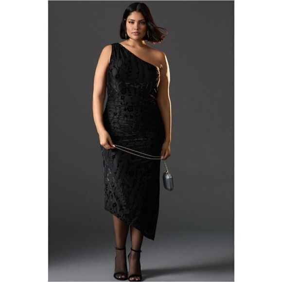 NEW Anthropologie Hutch Black Floral One-Shoulder Ruched Velvet Dress Plus 3X - Picture 1 of 4